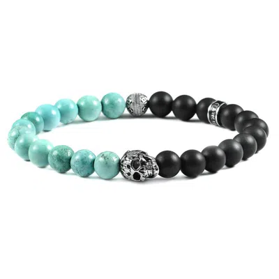 Crucible Jewelry Crucible Los Angeles Single Skull Stretch Bracelet With 8mm Matte Black Onyx And Genuine Turquoise O In Silver