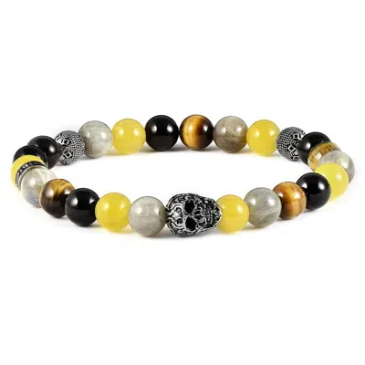 Crucible Jewelry Crucible Los Angeles Single Skull Stretch Bracelet With 8mm Polished Black Onyx, Labradorite, Yellow