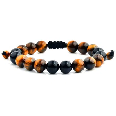 Crucible Jewelry Crucible Los Angeles Tiger Eye And Black Onyx Polished Bead Adjustable Bracelet (10mm) In Brown