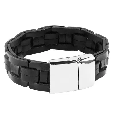 Crucible Jewelry Crucible Stainless Steel Clasp Wide Black Leather Bracelet In Silver