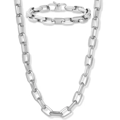 Crucible Jewelry Men's Beveled Edge Large Nautical Oval Links Bracelet And Necklace Chain Set In Silver