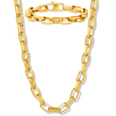 Crucible Jewelry Men's Beveled Edge Large Nautical Oval Links Bracelet And Necklace Chain Set In Gold