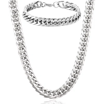 Crucible Jewelry Men's Bracelet And Necklace Stainless Steel Curb Chain Set In Metallic