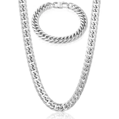 Crucible Jewelry Men's Double Curb Chain Bracelet And Necklace Set In Metallic