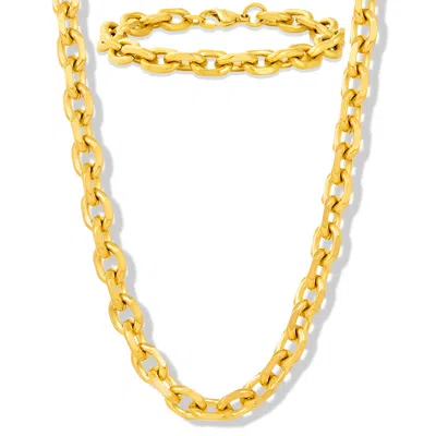 Crucible Jewelry Men's Knife Edge Oval Link Gold Bracelet And Necklace Chain Set
