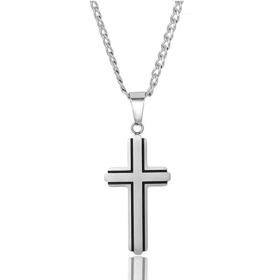 Crucible Jewelry Men's Polished Black Inlay Cross Necklace In Silver