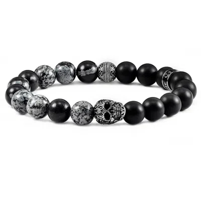 Crucible Jewelry Single Skull Stretch Bracelet With 10mm Matte Black Onyx And Snowflake Agate Beads