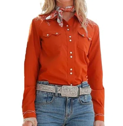 Cruel Girl Women's Western Snap Boot Stitch Shirt In Brown In Orange