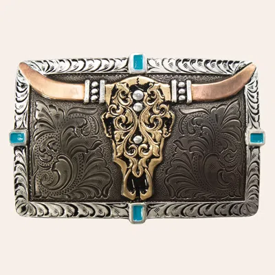 Crumrine Longhorn Skull Floral Rectangle Two Tone Buckle In Animal Print