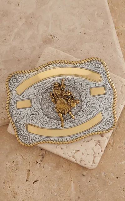 Crumrine Silver With Gold Ribbon & Bull Rider Rectangle Belt Buckle