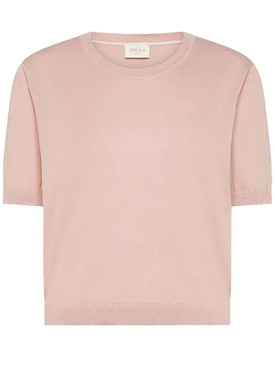Cruna Cropped Pink Knitted Ribbed Edge T-shirt