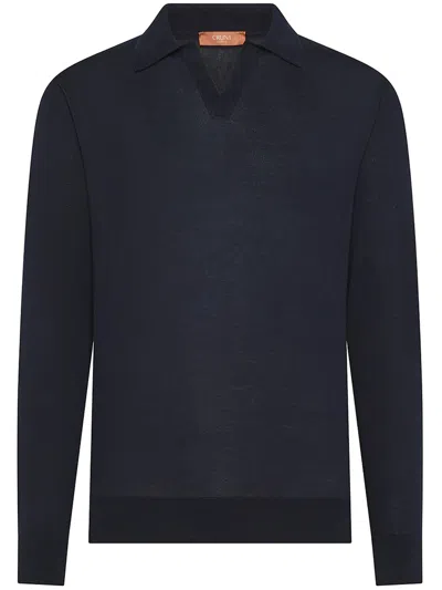 Cruna Long-sleeve Deep V-neck Ribbed Polo In Blue