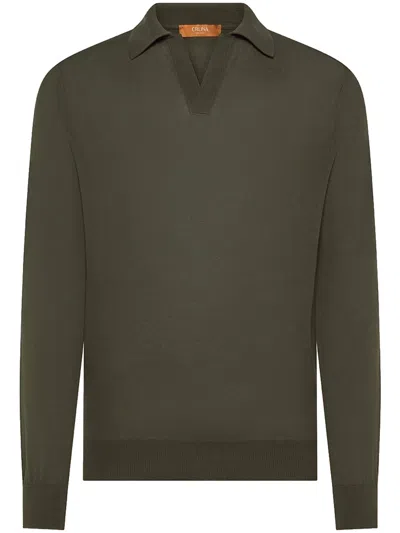 Cruna Long-sleeve V-neck Minimalist Ribbed Polo In Green