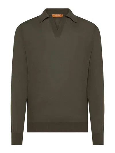 Cruna Long-sleeve V-neck Minimalist Ribbed Polo In Green