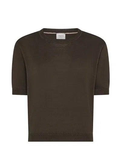 Cruna Cropped Brown Smooth Fabric Ribbed T-shirt