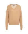 Crush Beige Cashmere Sweater With V-neck And Ribbed Detailing In Brown