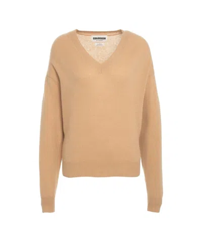 Crush Beige Cashmere Sweater With V-neck And Ribbed Detailing In Brown