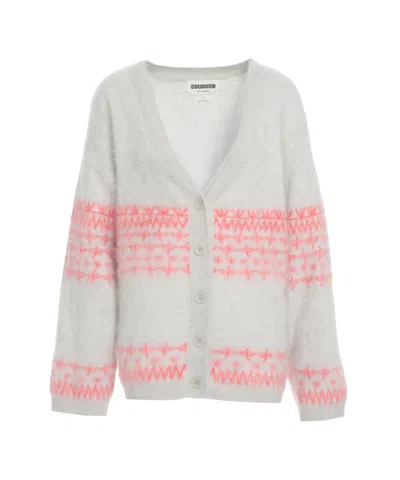Crush Cashmere Cardigan With Geometric Pattern And V-neckline In White