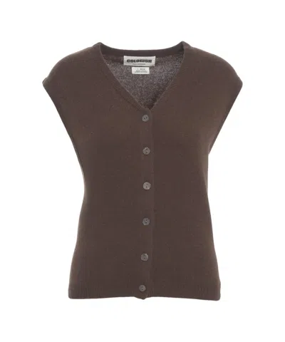 Crush Cashmere Gilet With Classic V-neck And Full-button Closure In Brown