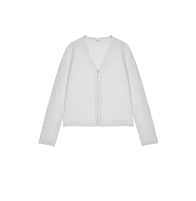 Crush Collection Crochet V-neck Fitted Cardigan In White