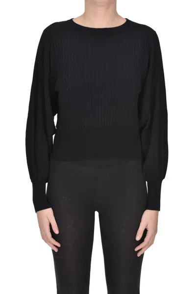 Crush Ribbed Knit Pullover In Black