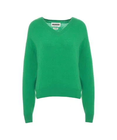Crush V-neck Cashmere Sweater With Ribbed Trims In Green