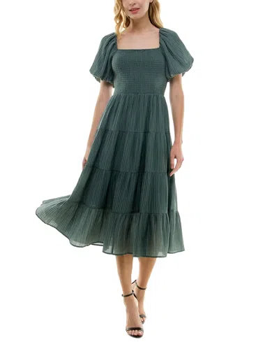 Crystal Doll Juniors' Crinkled Balloon-sleeve Tiered Midi Dress In Dark Olive
