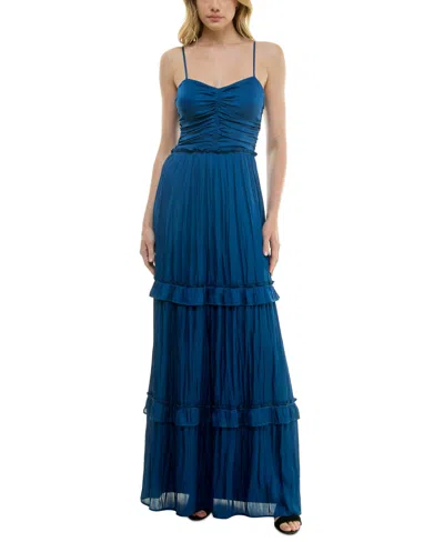 Crystal Doll Juniors' Crushed Satin Ruched Ruffled Maxi Dress In Denim