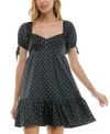 Crystal Doll Juniors' Dot Print Puff-sleeve A-line Dress In Black,crea
