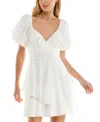Crystal Doll Juniors' Embroidered Eyelet Puff-sleeve Dress In White
