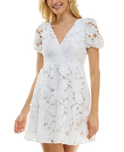 Crystal Doll Juniors' Embroidered Puff-sleeve Dress In White