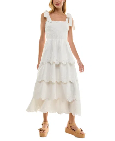 Crystal Doll Juniors' Eyelet Smocked-bodice Scalloped Midi Dress In White