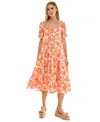 Crystal Doll Juniors' Floral-print Bow-back Puff-sleeve Woven Dress In Ivory,orange