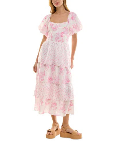 Crystal Doll Juniors' Floral-print Bubble-sleeve Smocked-back Tiered Dress In Ivory,pink