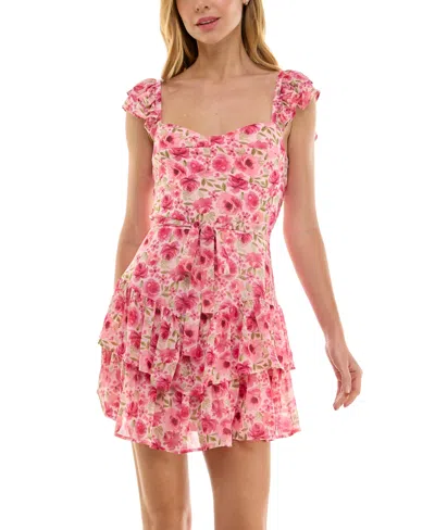 Crystal Doll Juniors' Floral-print Tie-front Flutter-sleeve Tiered-hem Dress In Pink,fuchsia