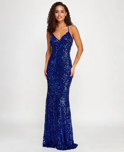 Crystal Doll Juniors' Floral Sequin V-neck Sleeveless Gown In Royal