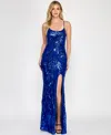 Crystal Doll Juniors' Floral Sequined Sleeveless Gown In Royal
