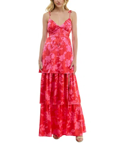 Crystal Doll Juniors' Floral Tie-strap Tiered Maxi Dress In Red,pink