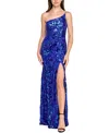 Crystal Doll Juniors' One-shoulder Floral-sequin Gown In Royal