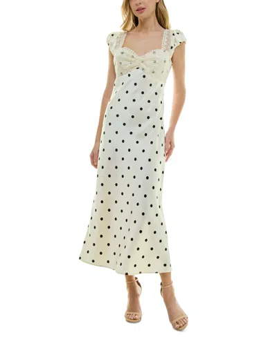 Crystal Doll Juniors' Polka Dot Lace-trim Satin Maxi Dress In Cream,blac