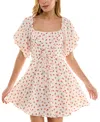 Crystal Doll Juniors' Printed Lace-up Bubble-sleeve Skater Dress In Ivory,red