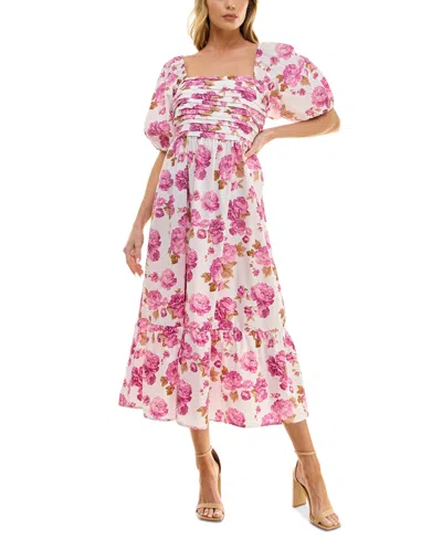 Crystal Doll Juniors Womens Floral Pleated Midi Dress In Ivo Plum
