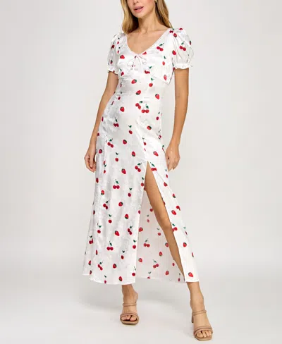 Crystal Doll Juniors' Printed Satin Puff-sleeve Midi Dress