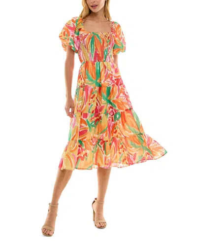 Crystal Doll Juniors' Printed Square-neck Bubble-sleeve Dress In Green,yellow