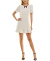Crystal Doll Juniors' Puff-sleeve Ruffle Hem A-line Tweed Dress In Cream,blac