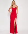 Crystal Doll Juniors' Rhinestone Lace-up-back Satin Gown In Cherry