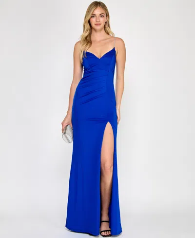 CRYSTAL DOLL JUNIORS' RHINESTONE LACE-UP-BACK SATIN GOWN