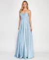 Crystal Doll Juniors' Rhinestone-strap Glitter Gown In Powderblue