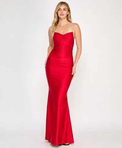 Crystal Doll Juniors' Rhinestone-strap Lace-up-back Gown In Cherry