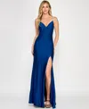 Crystal Doll Juniors' Rhinestone-strap Lace-up-back Gown In Indigo